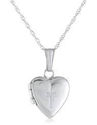 14k White Gold Childrens Heart Locket with Engraved Cross Necklace, 13"