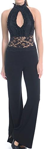 Sentimental NY Womens Clubwear Halter Lace Top w/ Front Ruffle Jumpsuit, Black XS