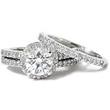 HUGE 1.90CT REAL DIAMOND WEDDING ENGAGEMENT RING SET PAVE HALO WHITE GOLD 14K