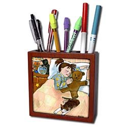 Laura J Holman Art Sleepytime - child sleeping child sleeping fish tank bed cat pastels soft bedroom girl cats soothing - Tile Pen Holders-5 inch tile pen holder