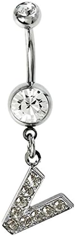Dangly Alphabet belly button ring with CZ crystals V