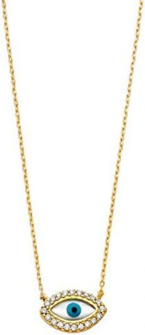 14 K Solid Yellow &amp; White Gold Italy CZ Evil Eye Pendant 0.8 mm Fancy Angled Rolo Necklace 18 IN