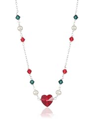 Swarovski Elements Red Heart and Red and Green Bicone with White Freshwater Cultured Pearls on Sterling Silver Chain Necklace, 18"