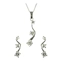 Silver Ladies trilogy Cubic Zirconia wave pendant & earring set + 18" curb chain