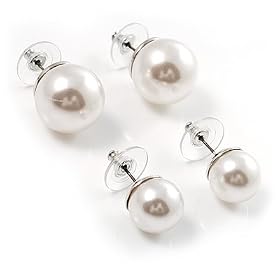 Set of 2 Snow White Faux Pearl Stud Earrings (15mm,12mm)