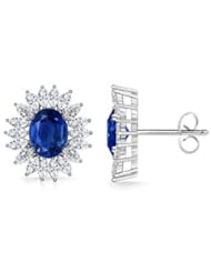 Oval Sapphire and Diamond Floral Border Earrings in White Gold