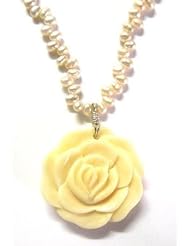Mother of Pearl Carved Flower Pendant with Culture Freshwater Pearl Necklace