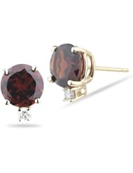 0.06 Cts Diamond & 3.20 Cts of 7 mm AA Round Garnet Stud Earrings in 14K Yellow Gold