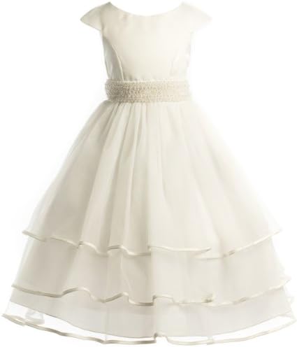 Beaded Waist Layered Holiday Communion Flower Girl Long Dress -Ivory 20