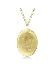 Oval Shaped Fleur De Lis Engraved Pendant Necklace and Chain For Women 14K Yellow Gold Vermile
