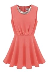  Beaded Polyester Shift Flared-Skirt Short Sleeveless Round Neck  Dress With Rhinestones