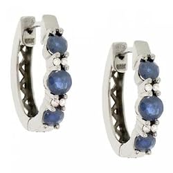 White Gold Hoop Earrings Blue Sapphire Diamond 3 Stone