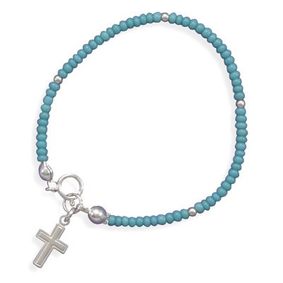 5.5 Turquoise Glass Bead Children's Bracelet with Cross Charm
