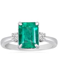 0.20 Cts Diamond & 2.62 Cts Emerald-Cut Natural Emerald Three Stone Ring in Platinum