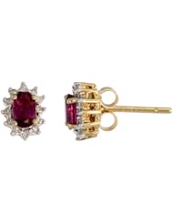 14k Gold 5/16 in. (8mm) tall Cluster Stud Earrings, w/ 0.14 Carat Brilliant Cut Diamonds & 0.64 Carat Oval Cut ruby Stone