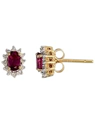 14k Gold 5/16 in. (8mm) tall Cluster Stud Earrings, w/ 0.14 Carat Brilliant Cut Diamonds & 0.64 Carat Oval Cut ruby Stone
