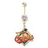 Baltimore Orioles 316L Stainless Steel Belly Ring with Cubic Zirconia - Gold Plated - 14G - 5/8 Inch Bar Length - Sold Individually