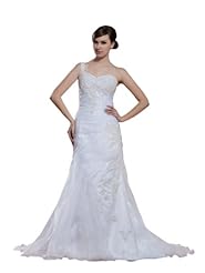 Mermaid Ruched Asymmetric Lace-Up Applique  Beaded One Shoulder Satin Spring Fall  Dress with a Court Train  With Pearls