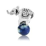 Sterling Silver Elephant Balances on Mother of Pearl Blue Ball Charm Bead , Fits Pandora , Chamilia, Troll Bracelet