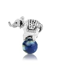 Sterling Silver Elephant Balances on Mother of Pearl Blue Ball Charm, Fits Pandora and All Barnds Charm Bracelets and Necklaces.
