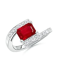 Emerald Cut Ruby Round Diamond Bypass Ring in 14k White Gold