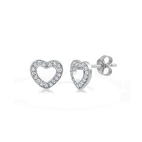 Sterling Silver 925 Cubic Zirconia CZ Small Open Heart Stud Earrings - For Valentines Day Gift
