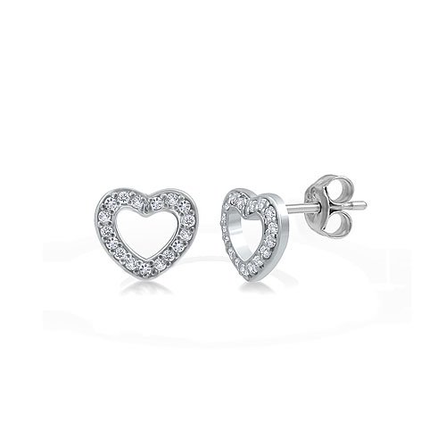Sterling Silver 925 Cubic Zirconia CZ Small Open Heart Stud Earrings - Nickel Free