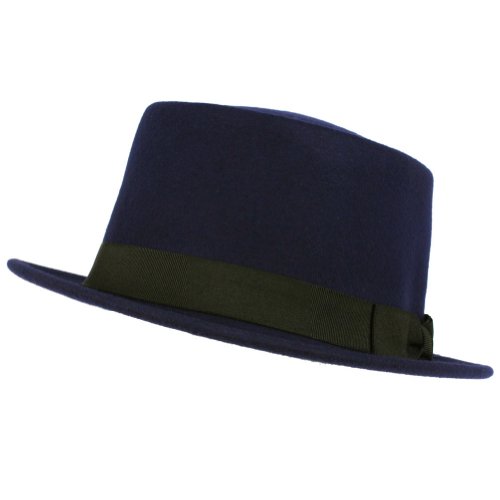Men's Winter Classic 100% Wool Boater Porkpie Ribbon Band Top Hat Cap Blue S/M