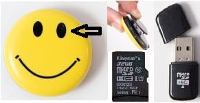 32GB Card included Class10 Micro SD and USB Card Reader. Smiley Face Spy Cam Hidden Camera + Car Attachment