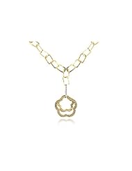 14K Yellow Gold Matte-Finish Hammered-Finish Hand-Crafted Y-Shaped Necklace, Designed with a Flower-Shaped Open Link Drop and Enhanced with Pave Set Diamonds.