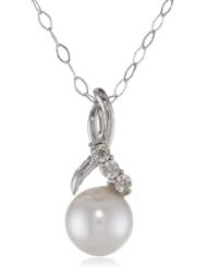 DiAura Sterling Silver Diamond and 8mm Swarovski Pearl Necklace, 18"