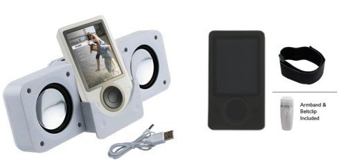 Portable White folding Stereo Speaker + Skin case with Armband and Belt clip for Zune 80gb/120gb