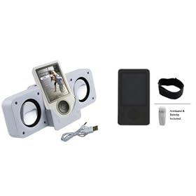 Portable White folding Stereo Speaker + Skin case with Armband and Belt clip for Zune 80gb/120gb