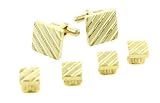 Yellow gold plated diagonal patterned cufflinks and shirt studs formal set with presentation box. Made in the U.S.A