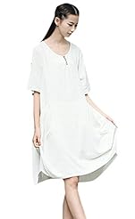 Cotton/Linen/Viscose General Print High-Low-Hem Short Sleeves Round Neck Midi Dress 