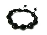 Jet Black Shamballa 12mm Glass Beaded Macrame Bracelet with 3 Alternating Iced Out Disco Balls
