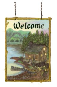 HANGING PLAQUES WITH WELCOME LOG CABIN YARD ART PLAQUE GARDEN