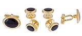 Gold plated oval cufflinks and shirt stud set with black accent with presentation box
