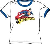 Superman FLYING OVER LOGO Adult White/Royal Ringer T-shirt Tee Shirt