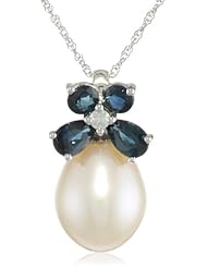 10k White Gold Freshwater Cultured Pearl, Sapphire and Diamond Pendant Necklace (0.03 cttw GH, Color, I2-I3 Clarity), 17"