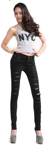 Woman Cut-out Punk Novel Ripped Jeans Denim Jeggings Trousers Skinny