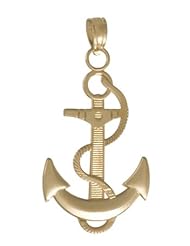 14k Gold Nautical Necklace Charm Pendant, Anchor With Textured Rope &