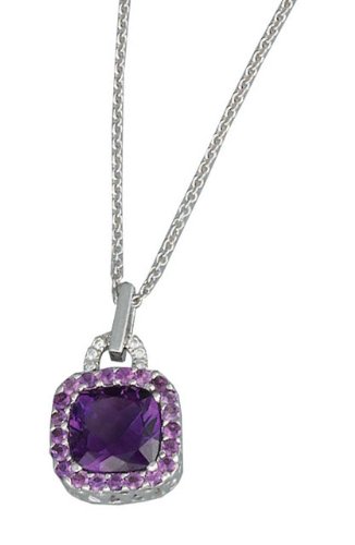 14K White Gold Dangling Hand-Crafted Designer Pendant, Enhanced with Pave Set Diamonds and Amethyst Stones, Sliding on a 16'' Cable-Chain Necklace.(GH-Color, SI-Clarity, c.t.t.w.0.09CT, Amethyst 8.16CT).