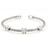 Choice of Stainless Steel Grey, Black or Yellow Cable w/ Sterling Silver Butterfly Design Bangle Cuff Bracelet (0.05 cttw, I color, I2 clarity)