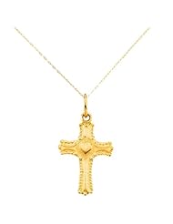 Childrens 14k Yellow Gold Heart Bead Edge Cross Necklace, 16"