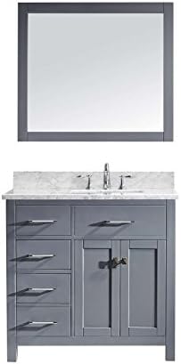 Virtu USA Caroline Parkway 36 inch Single Sink Bathroom Vanity Set in Grey w/Square Undermount Sink, Italian Carrara White Marble Countertop, No Faucet, 1 Mirror - MS-2136L-WMSQ-GR