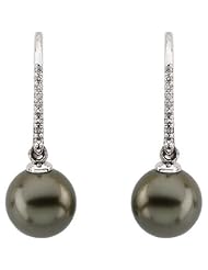 Jewelplus Tahitian Cultured Pearl and Diamond Earrings 14K White Pair 10.00 Mm Near Round/ 1/8C