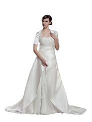 A-line Strapless Applique Ruched Beaded Lace-Up Short Sleeves Spring Fall Winter Satin  Dress with a Court Train 