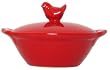 Stoneware Pottery Red Bowl with Chick Top Cover 6"D, 3.5"H Set of 2