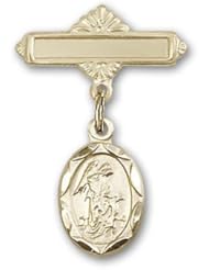 14K Gold Baby Badge with Guardian Angel Charm and Polished Badge Pin